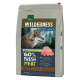 Un sac de 4 kg de nourriture pour chien Real Nature Wilderness Adult avec une tête de loup, mettant en avant "60% de viande fraîche" et sans ingrédients artificiels.