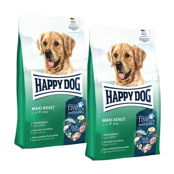 Happy Dog Maxi Adult Hundefutterbeutel mit Golden Retriever Bild, „fit & vital“ und „Give me five for a healthy life“ Text.