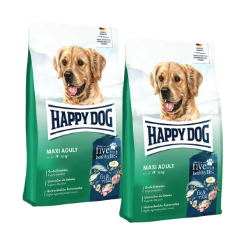 Happy Dog Maxi Adult Hundefutterbeutel mit Golden Retriever Bild, „fit & vital“ und „Give me five for a healthy life“ Text.