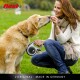 Une femme est à genoux sur l'herbe, nourrissant un golden retriever tout en tenant une laisse rétractable flexi. La laisse est bien mise en avant.