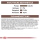 Haustierfutterverpackung mit Nährwertanalyse: 22% Protein, 1,7% Ballaststoffe, 7% Fett, 6,2% Asche. Zutaten umfassen Reis, Hühnerprotein und Vitamine.