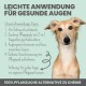 Nahaufnahme eines Hundes auf einem hellgrünen Hintergrund mit Tipps für ein 2-in-1 Augenpflegeprodukt und "100% pflanzliche Alternative zu Chemikalien."