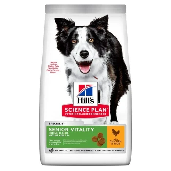 Hill's Science Plan Senior Vitality Hundefuttertüte mit einem lächelnden schwarz-weißen Hund, mit Text, der die Zutaten Huhn und Reis hervorhebt.