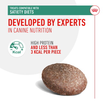 High-protein dog treat with less than 3 kcal per piece, labeled "Developed by Experts in Canine Nutrition," compatible with satiety diets.