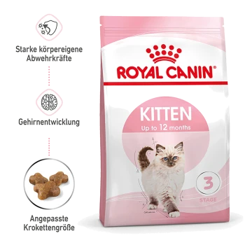 Sac rose de nourriture pour chatons Royal Canin portant les mentions ROYAL CANIN et KITTEN Jusqu'à 12 mois, photo d'un chaton et badge « 3 étapes »