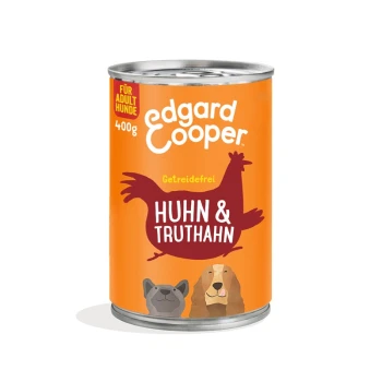 Adult 6x400g Huhn und Truthahn 400g Dose Edgard Cooper Hundefutter, orange Etikett "Huhn & Truthahn", getreidefrei, mit Hund- und Katzenillustrationen.