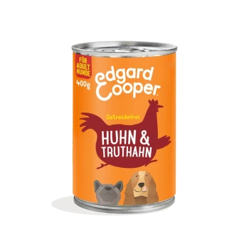 400g Dose Edgard Cooper Hundefutter, orange Etikett "Huhn & Truthahn", getreidefrei, mit Hund- und Katzenillustrationen.