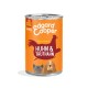 Boîte de 400g de nourriture pour chien Edgard Cooper, étiquette orange "Huhn & Truthahn" (poulet & dinde), sans céréales, avec des illustrations de chien et de chat.
