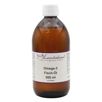Braune Glasflasche mit Lundeland Omega3-Öl, 500 ml, mit einem weißen Deckel und lila Etikett mit Haustierillustrationen und Fütterungshinweisen.