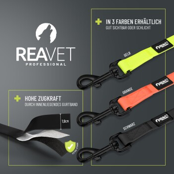Bild von REAVET professionellen Hundeleinen, erhältlich in drei Farben: gelb, orange und schwarz. Bietet starke Zugkraft und eine Breite von 1,9 cm.