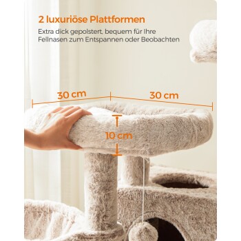 Katzenbaum mit zwei luxuriösen, extra dicken Plattformen mit einem Durchmesser von 35 cm und einer Höhe von 10 cm, entworfen für Entspannung und Beobachtung.