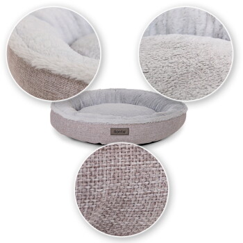 Rundes Plüsch-Tierbett mit grauem Kunstfell-Innenfutter und gewebter beiger Außenfläche, Nahaufnahmen der Textur, Etikett 'lionto®'.