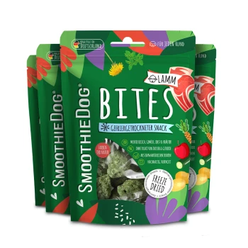 Drei grüne SmoothieDog Bites Beutel, gefriergetrocknete 'Lamm' Hundesnacks; Etikett zeigt 'Gefriergetrockneter Snack' und 'FREEZE DRIED'.