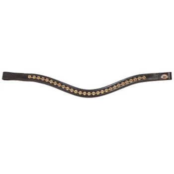 Schwarzes Leder-Haustierhalsband, verziert mit goldenen Strasssteinen, mit einem wellenförmigen Design und einem dekorativen Logo an einem Ende.