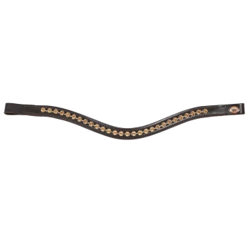 Schwarzes Leder-Haustierhalsband, verziert mit goldenen Strasssteinen, mit einem wellenförmigen Design und einem dekorativen Logo an einem Ende.