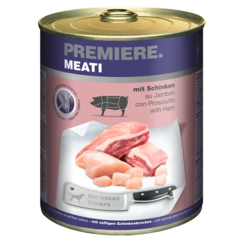 Dose Haustierfutter mit der Aufschrift "Premiere. Meati", die Fleischstücke zeigt, mit Text in Deutsch und Italienisch, der angibt, dass es Schinken enthält.