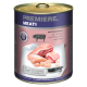 Dose Haustierfutter mit der Aufschrift "Premiere. Meati", die Fleischstücke zeigt, mit Text in Deutsch und Italienisch, der angibt, dass es Schinken enthält.