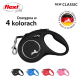 Schwarze ausziehbare Hundeleine mit Logo, erhältlich in Schwarz, Blau, Rot und Pink. Text: "NEUE KLASSIK" und "Dostępna w 4 kolorach."
