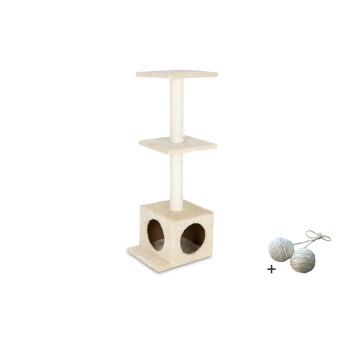 Katzenbaum mit drei Plattformen, einem Kratzbaum und einem gemütlichen Versteck, begleitet von zwei Seilbällen zum Spielen.