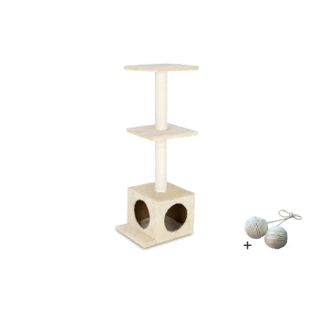 Katzenbaum mit drei Plattformen, einem Kratzbaum und einem gemütlichen Versteck, begleitet von zwei Seilbällen zum Spielen.