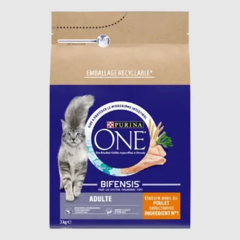 Sac de nourriture pour chat Purina ONE Bifensis (3 kg) avec un chat gris, mettant l'accent sur la santé intestinale et le poulet comme ingrédient principal.