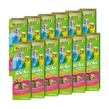 Wystawa 12 pudełek przysmaków dla ptaków Multifit, z kolorowymi papużkami na opakowaniu, oznaczonymi jako "Sticks mit Aprikosen & Feigen."