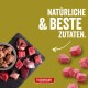 Rohe rote Fleischstücke und Hackfleisch auf Schiefer; Pfeil und Text 'NATÜRLICHE & BESTE ZUTATEN.' mit FLEISCHESLUST-Logo.