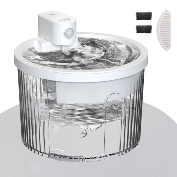 Weißer Trinkbrunnen für Haustiere, klarer gerippter Wasserbehälter mit wirbelndem Wasser, 'MAX' Füllmarke, zwei schwarze Schaumstofffilter.