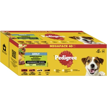 natvoer hond volwassen, multipack, gemengde selectie met groenten, in saus 40x100 g Pedigree Mega Pack 40 voor volwassen honden, met een gemengde selectie met groenten, inclusief 10 van elk rundvlees, lam, kip en kalkoen in saus.