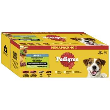 Pedigree Mega Pack 40 voor volwassen honden, met een gemengde selectie met groenten, inclusief 10 van elk rundvlees, lam, kip en kalkoen in saus.