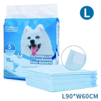 Packung hygienischer Haustierunterlagen für Hunde, mit einem lächelnden weißen Hund auf der Vorderseite, mit Details zur Größe (L90*B60CM) und Menge (10 Stück).