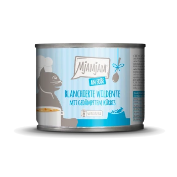 Katessenfutterdose mit einer grauen Katzenillustration, beschriftet mit "Mjamjam an Sobe Blanchierte Wildente mit Gedämpftem Kürbis."