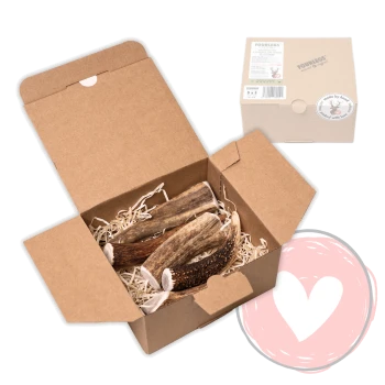 Geöffnete Kraftbox mit Hirschgeweih-Hundekauknochen auf Füllpapier; geschlossene Schachtel mit der Aufschrift 'FOURLEGS' und rosa Herz