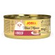 JosiCat Finest Mousse mit Rind Katzenfutterdose, 85g, getreidefreie Rezeptur, ohne Zuckerzusatz, Bild einer Katze und Mousse-Portion.