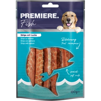 Opakowanie przysmaków dla psów z paskami łososia, oznaczone "Premiere Fish", z wizerunkiem golden retrievera i tekstem w wielu językach.