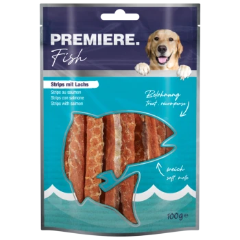 Hundeleckerli-Verpackung mit Lachsstreifen, beschriftet "Premiere Fish", mit einem Bild eines Golden Retrievers und Text in mehreren Sprachen.