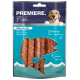 Emballage de friandises pour chiens avec des bandes de saumon, étiqueté "Premiere Fish," avec une image de golden retriever et du texte en plusieurs langues.
