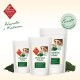 Chlorella-Pulver für Hunde und Katzen von ChronoBalance, mit drei Verpackungsgrößen und einem Hundebild, sowie Text, der die Vorteile hervorhebt.