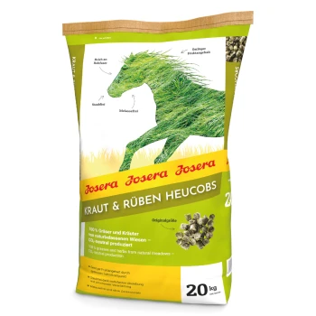 20 kg Sack Josera Kraut & Rüben Heucobs für Pferde, grünes Design mit Pferdesilhouette, hebt 100% Gräser, wenig Obst, melassefrei hervor.