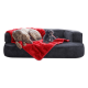 Ein großer grauer Hund und ein kleiner schwarzer Hund ruhen sich auf einer plüschigen grauen Couch aus, die mit einer roten Decke bedeckt ist.