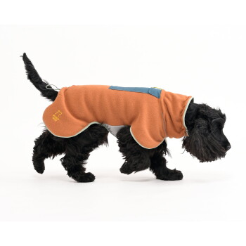 Schwarzer Hund trägt eine orange Fleecejacke mit blauem Taschen und gelbem "WOOLLY WOLF"-Logo, läuft auf weißem Hintergrund.