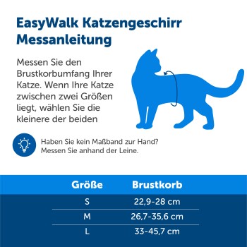 Messanleitung für das EasyWalk Katzengeschirr mit einer blauen Silhouette einer Katze, Anweisungen zur Messung des Brustumfangs und einer Größentabelle.
