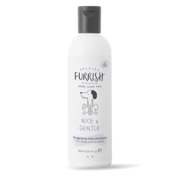 White bottle of Furrish "Nice & Gentle" fragrance-free shampoo for dogs and puppies, 300ml, with cartoon dog on label