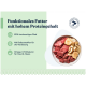 Schale mit rohem Rindfleisch und Pilzen neben deutschem Text 'Funktionales Futter mit hohem Proteingehalt' – 65% Rind, Ballaststoffe, Omega‑3.