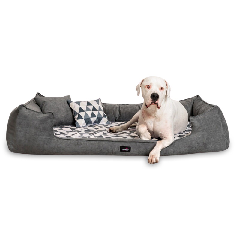 Tierlando ® Orthopädisches Hundebett VELVET Samt Velours Dreiecke geometrisch anthrazit/ creme 1,1 m, 25 cm, 90 cm