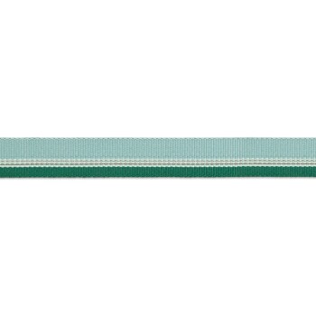 Eine Nahaufnahme einer mehrfarbigen Haustierleine mit hellblauen, grauen und dunkelgrünen Streifen, vor einem weißen Hintergrund.