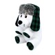 Jouet pour chien en peluche blanche portant un chapeau à carreaux vert et noir, avec un visage amical et des pattes noires.