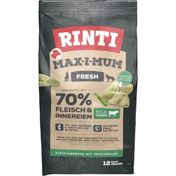 Sac de nourriture pour animaux de compagnie Rinti Maxi-Mum Fresh, contenant 70% de viande et d'abats, 30% de légumes, recette sans céréales, et pesant 12 kg.