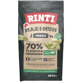 Rinti Maxi-Mum Fresh Tierfutterbeutel, mit 70% Fleisch und Innereien, 30% Gemüse, getreidefreier Rezeptur und 12 kg Gewicht.