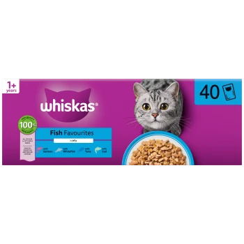 Whiskas Fish Favourites cat food box, purple with cat and bowl, shows text "whiskas", "Fish Favourites", "40" and "1+ years"